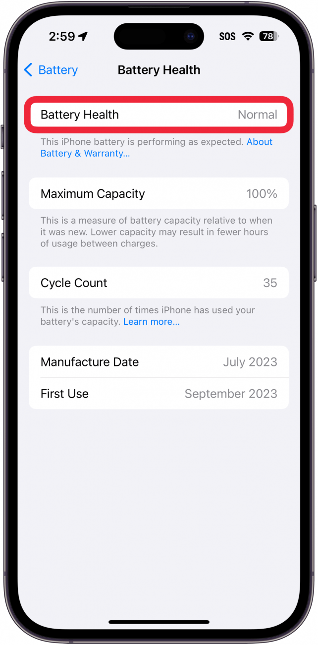 iphone battery health screen with a red box around battery health which reads Normal