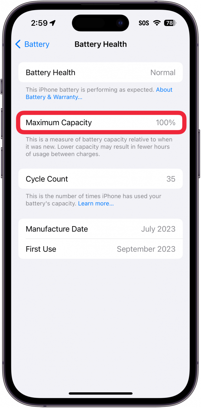 iphone battery health screen with a red box around maximum capacity which is at 100%