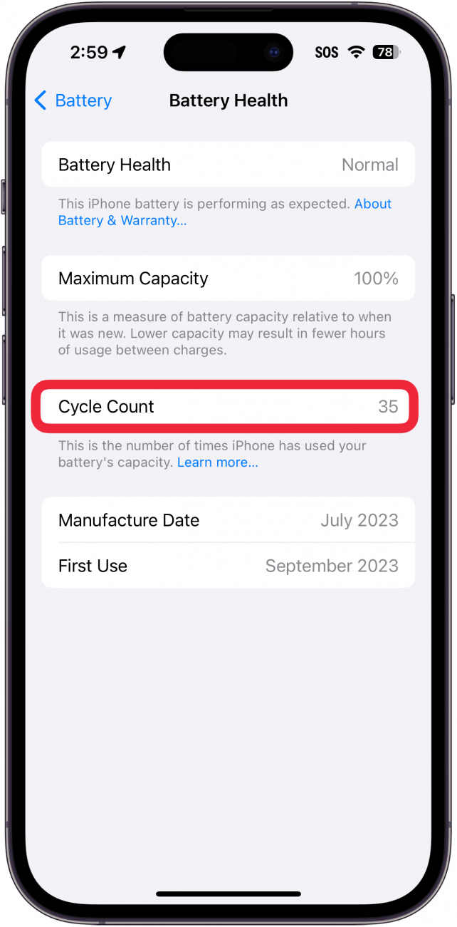 iphone battery health screen with a red box around cycle count