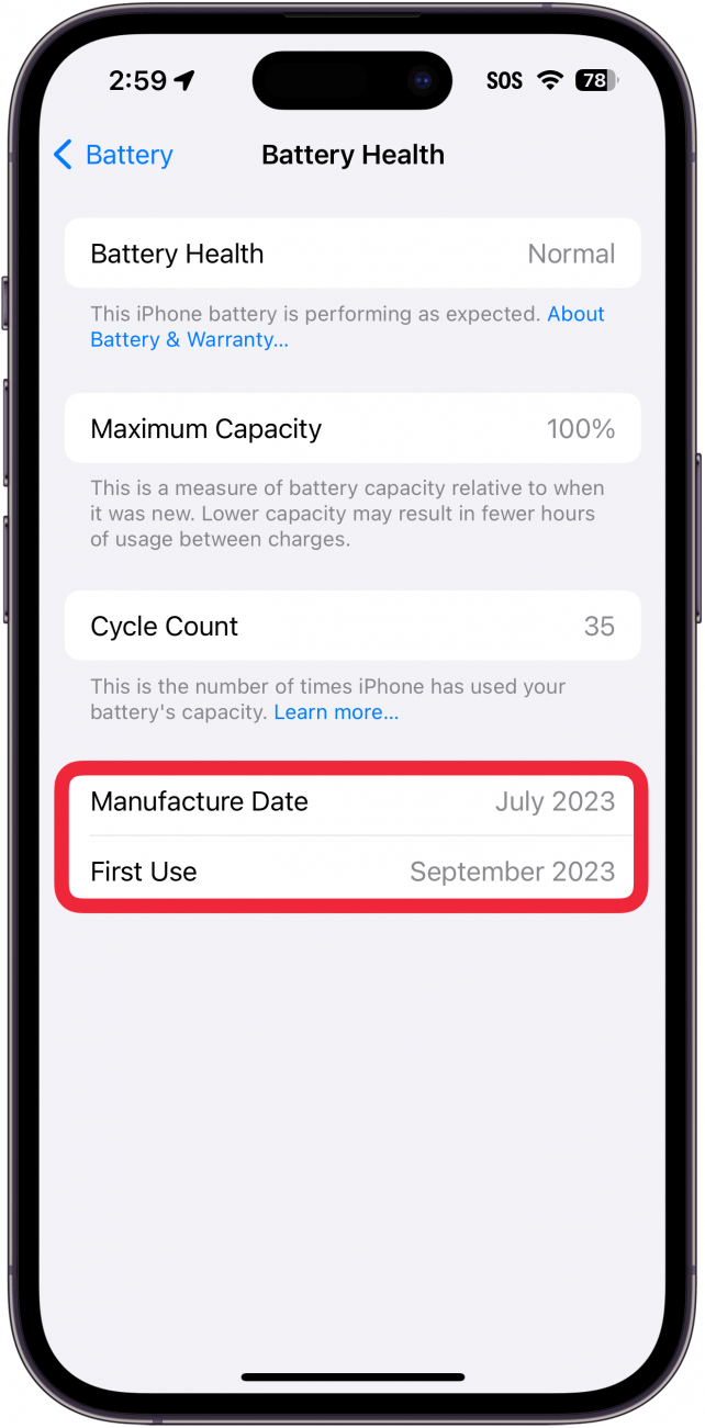 iphone battery health screen with a red box around manufacture date and first use