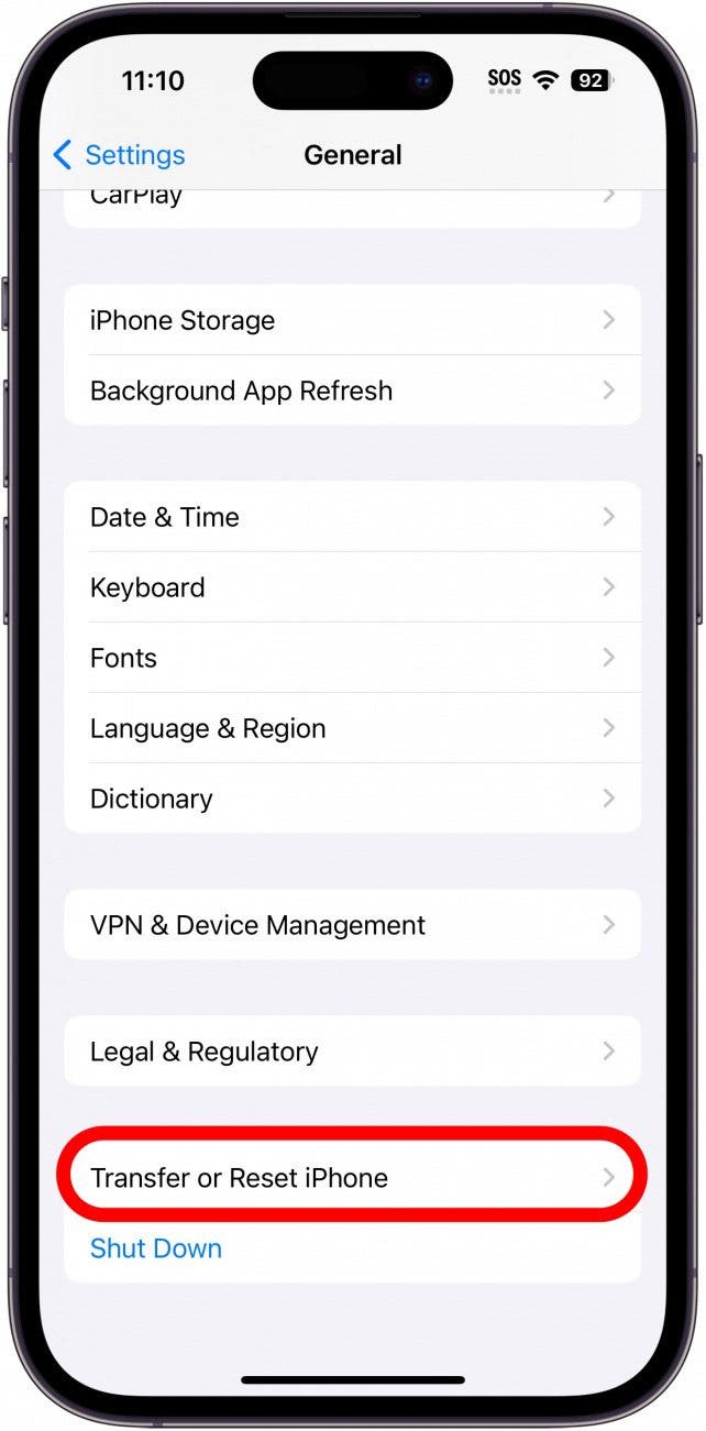 Tap Transfer or Reset iPhone.