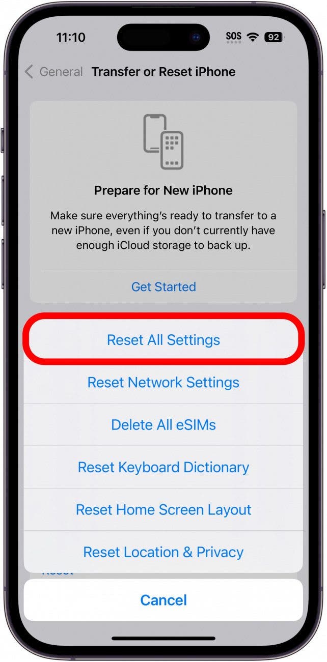 Tap Reset All Settings.