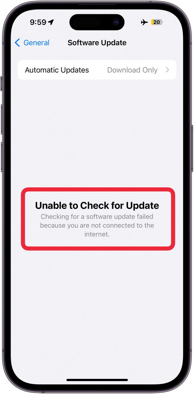 iphone software update screen with an error message reading, unable to check for update. checking for a software update failed because you are not connected to the internet.