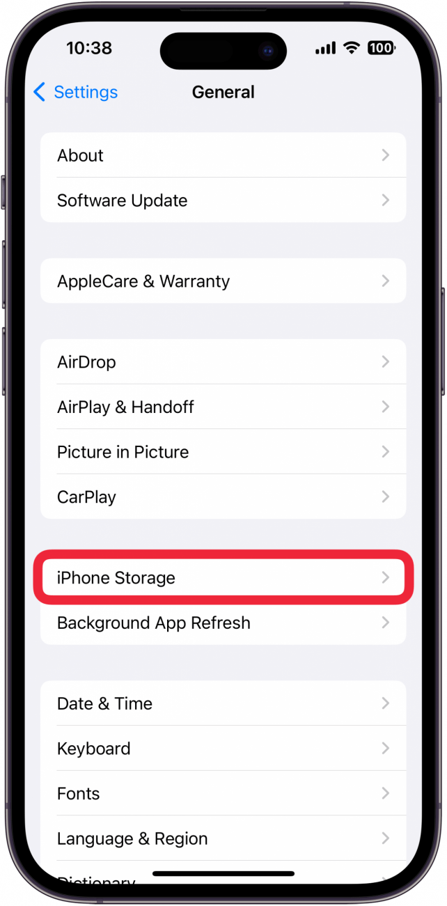 iphone settings with a red box around iphone storage