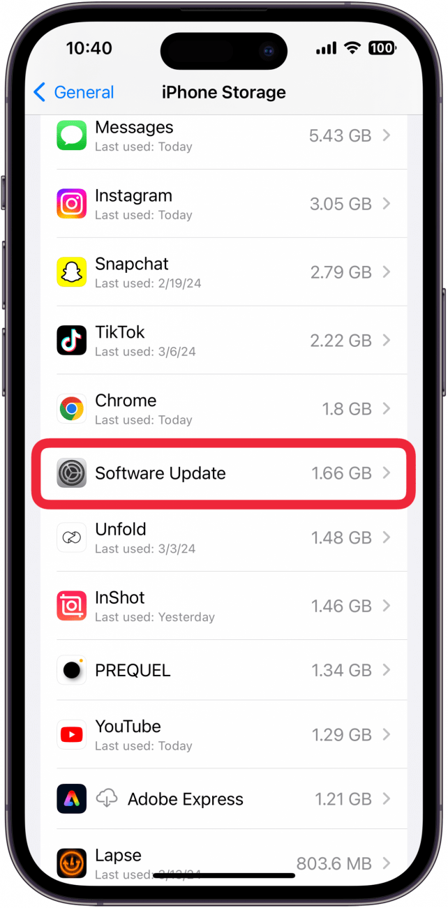 iphone storage settings with a red box around software update