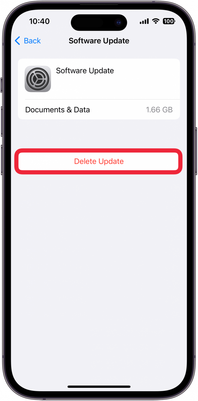 iphone storage management screen for a software update with delete update button circled in red