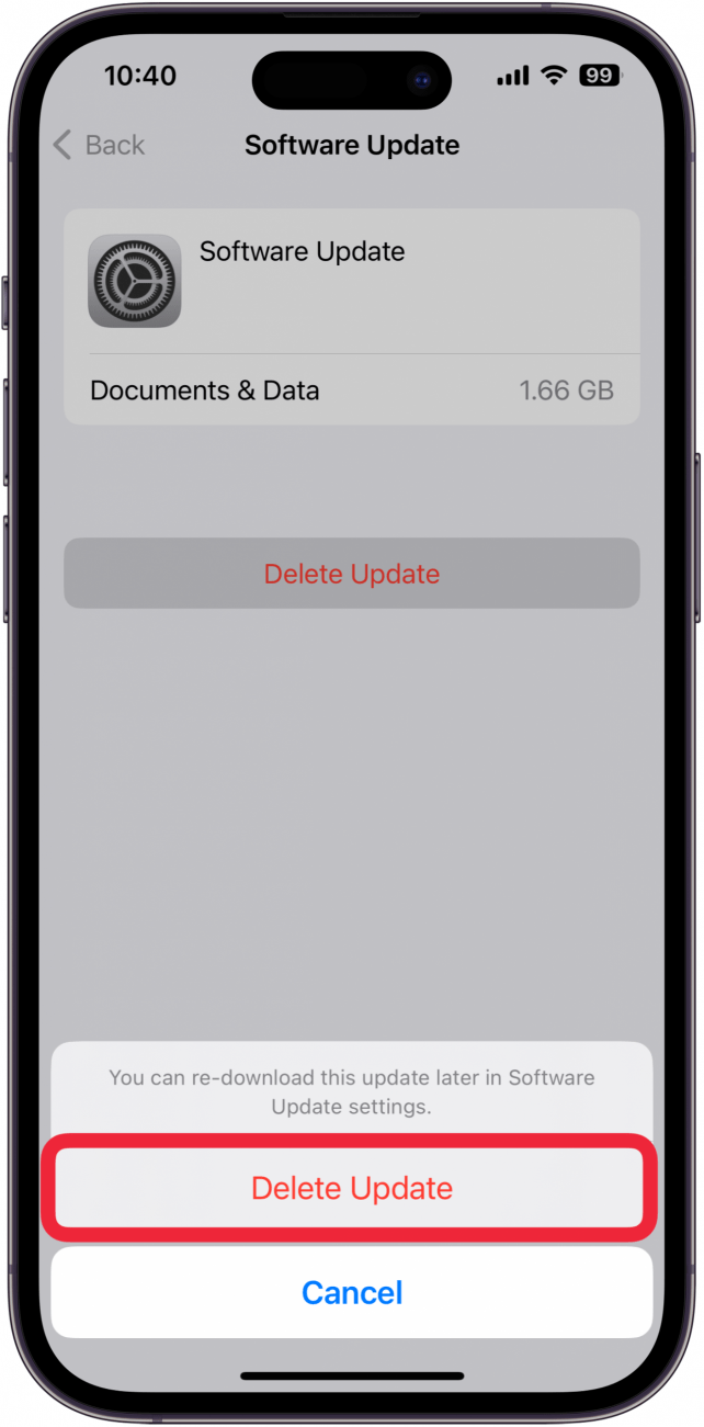 iphone storage management screen for a software update with delete update button circled in red