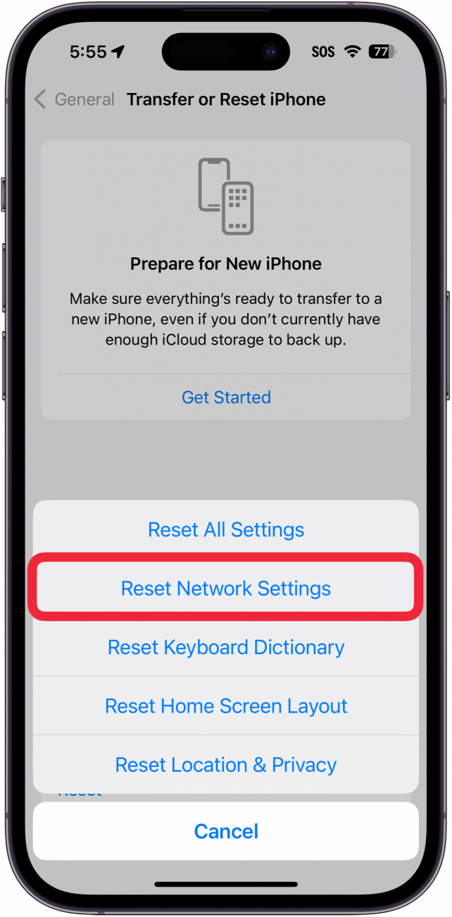 iphone reset screen with a red box around reset network settings