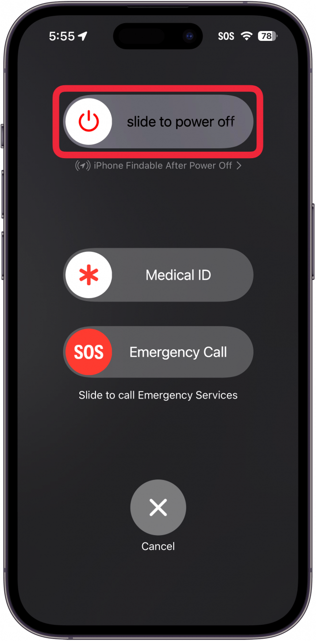 iphone power options menu with a red box around slide to power off