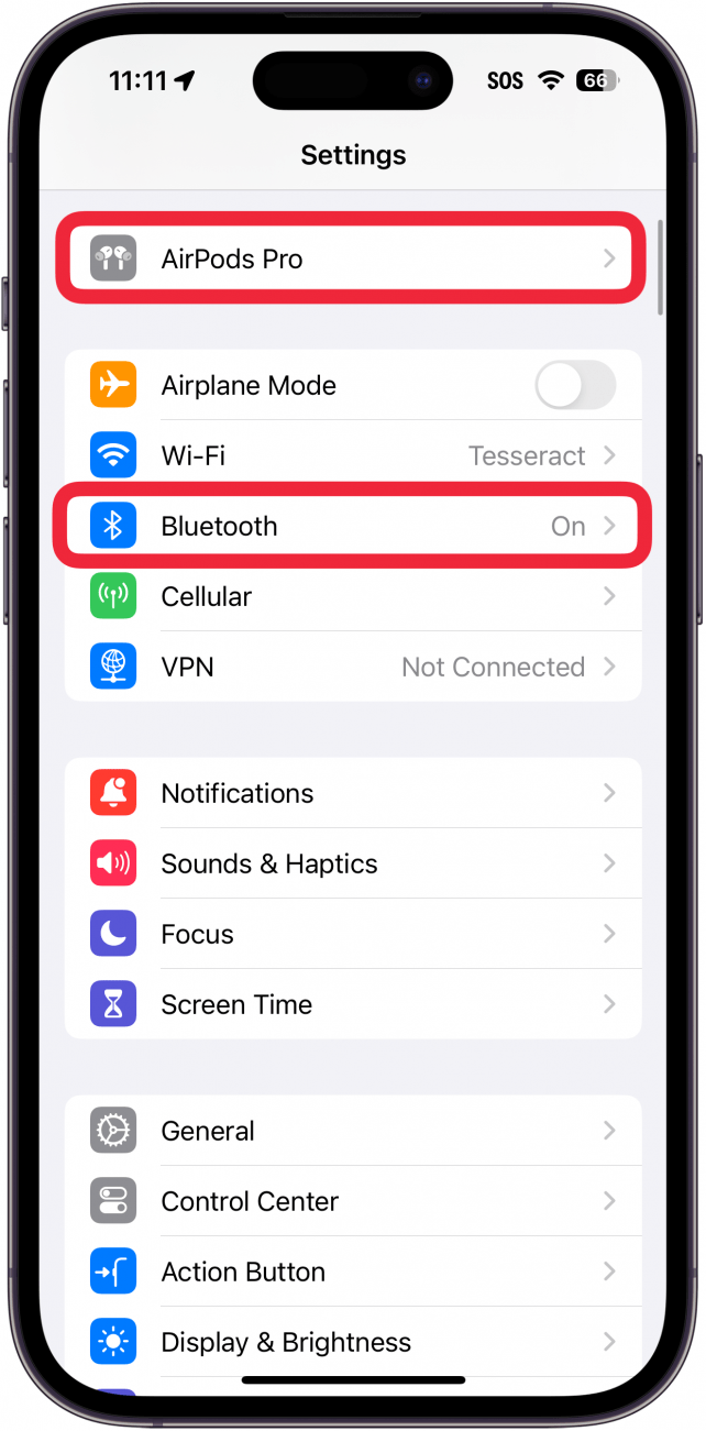 iphone settings with a red box around airpods and a red box around bluetooth