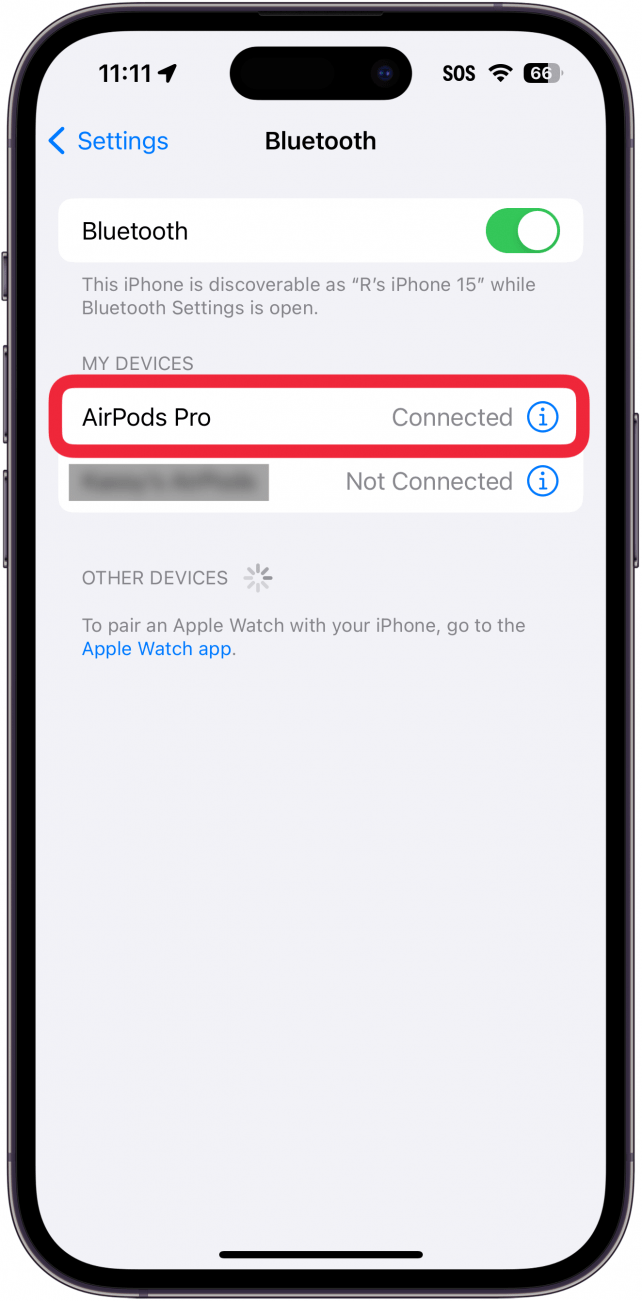 iphone bluetooth settings with a red box around airpods pro