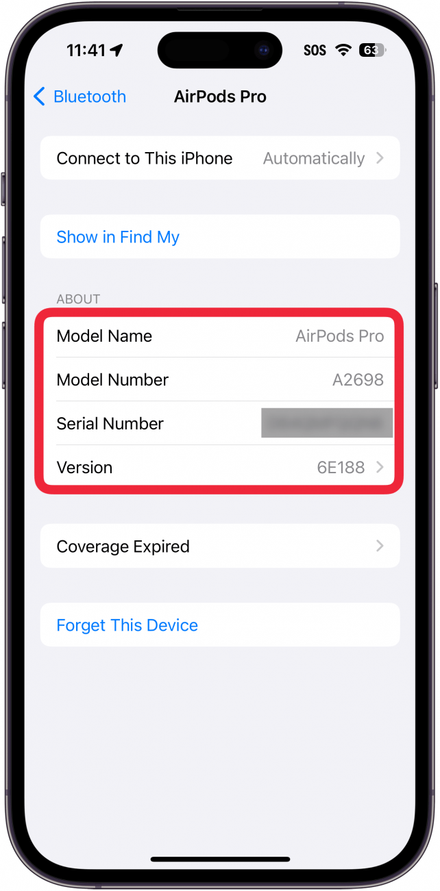 iphone bluetooth settings displaying bluetooth info, including Model Name, Model Number, Serial Number, and Version.