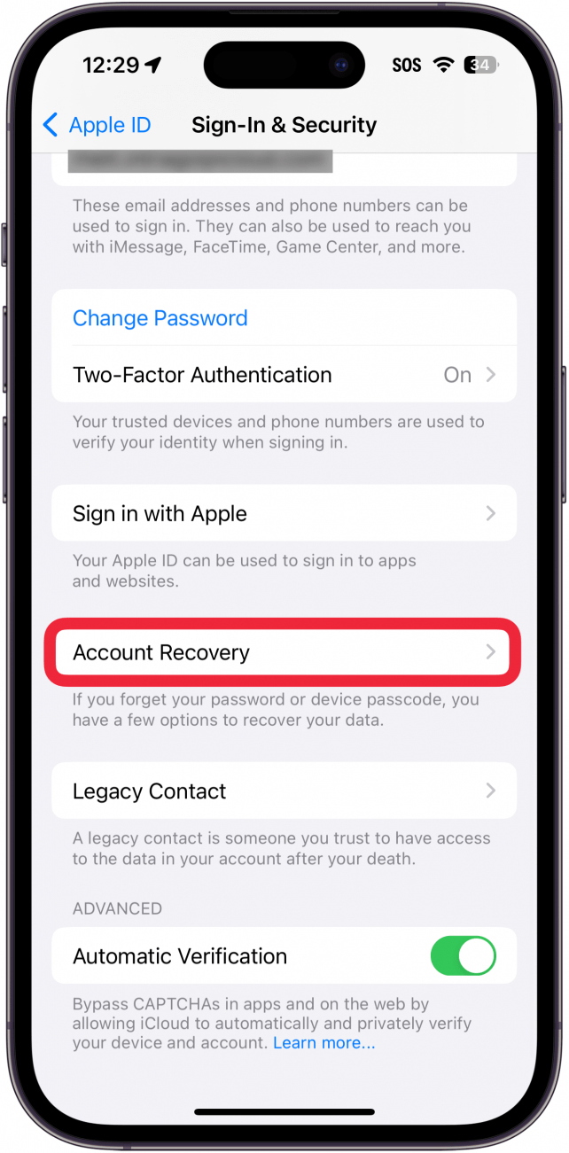 iphone apple id security settings with a red box around account recovery