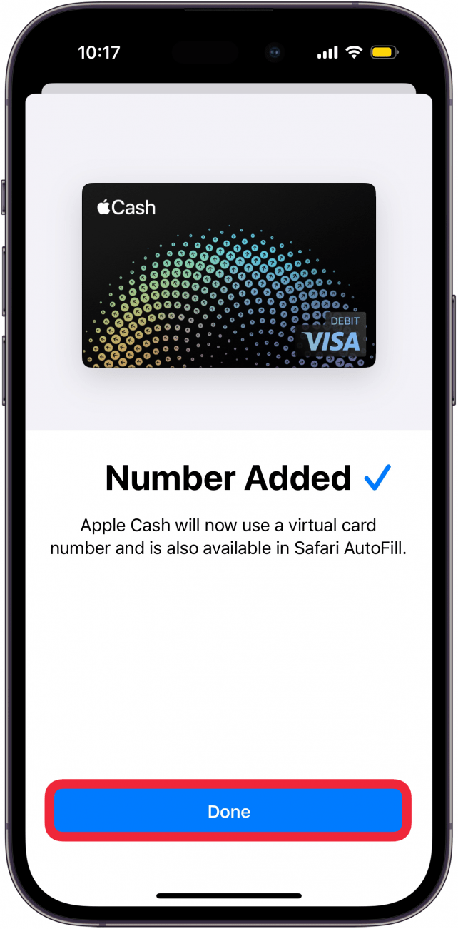 iphone apple wallet virtual card number setup screen with a red box around done button