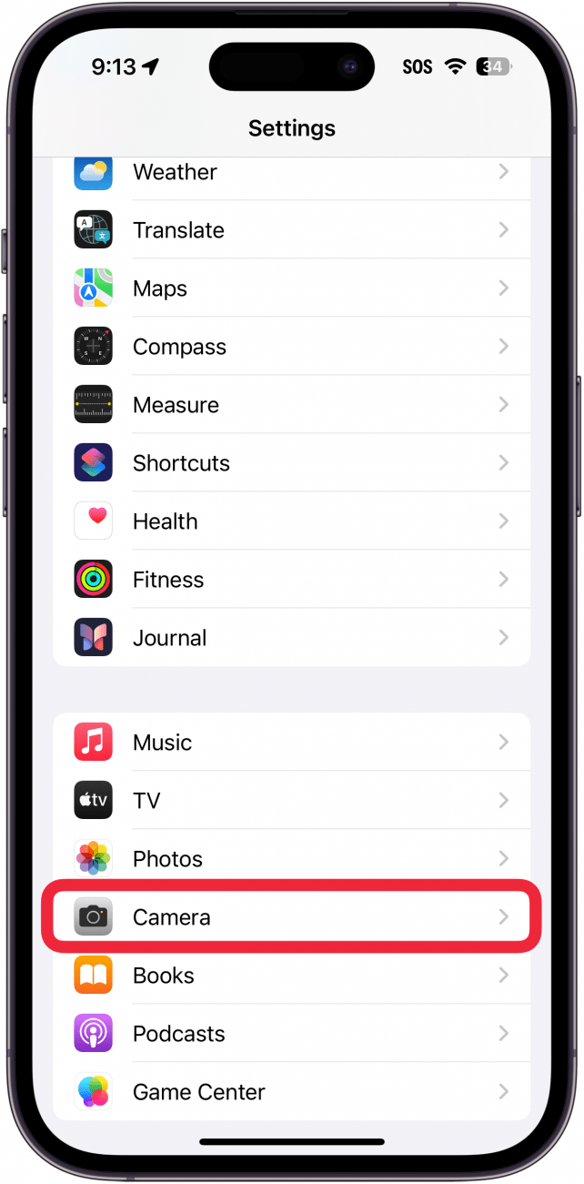 iphone settings with a red box around camera