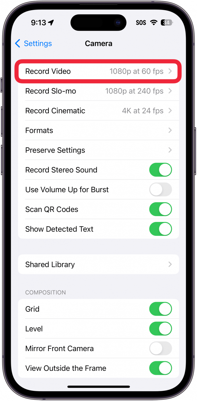 iphone camera settings with a red box around record video setting