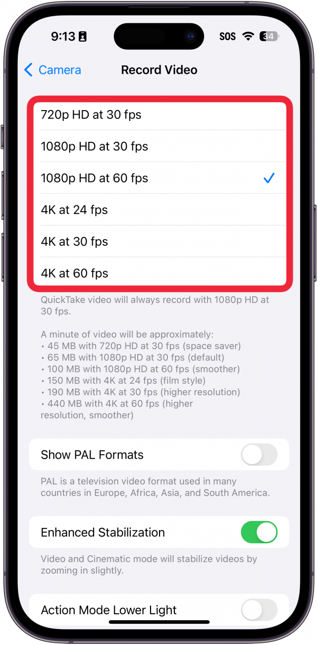 iphone record video settings with a red box around video resolution settings