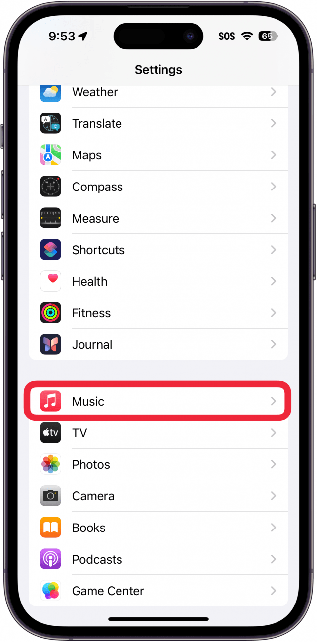 iphone settings with a red box around music