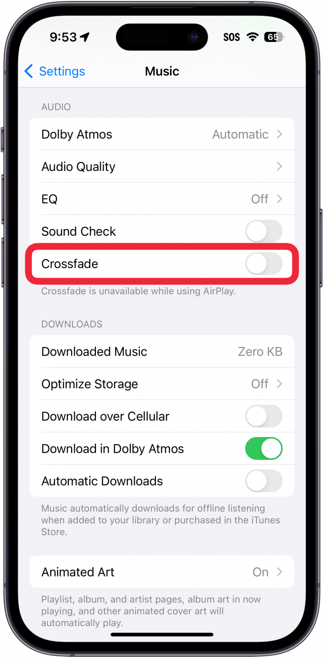 iphone music settings with a red box around crossfade toggle