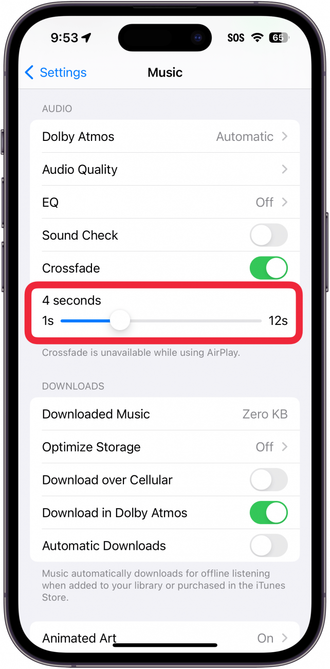 iphone music settings with a red box around crossfade slider which is set to 4 seconds