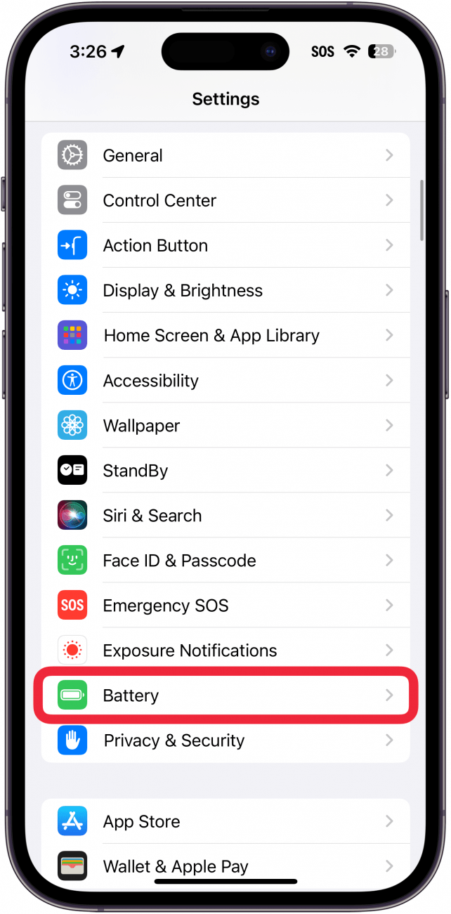 iphone settings with a red box around battery