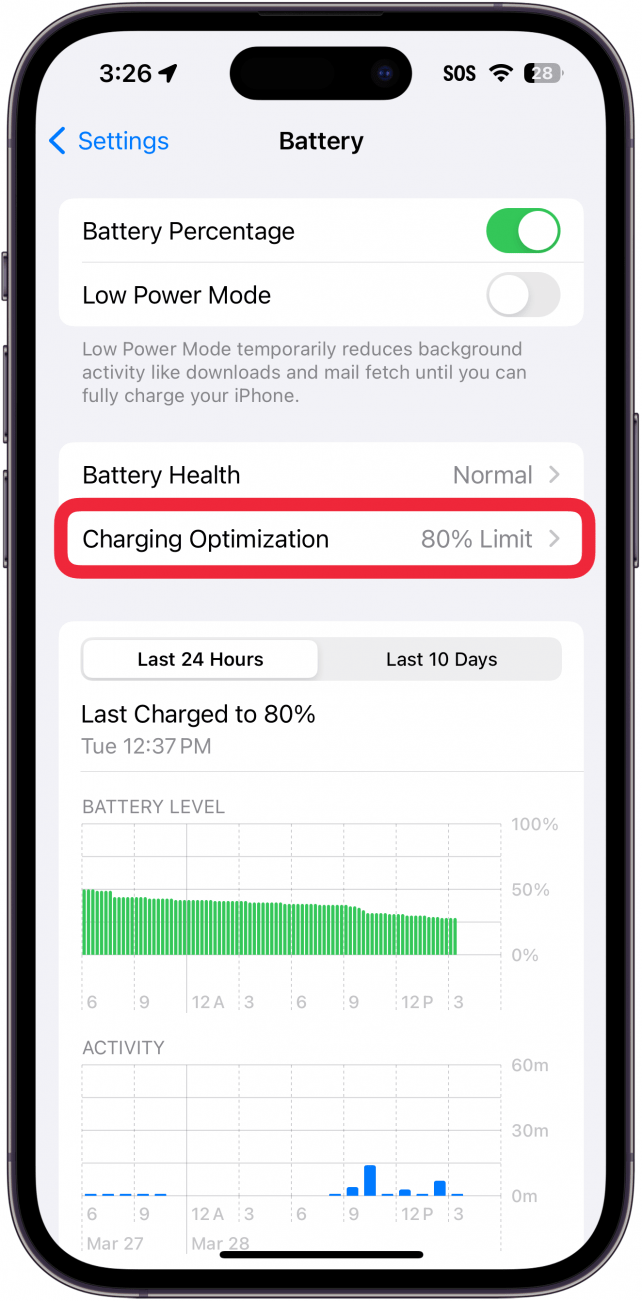 iphone battery settings with a red box around Charging Optimization