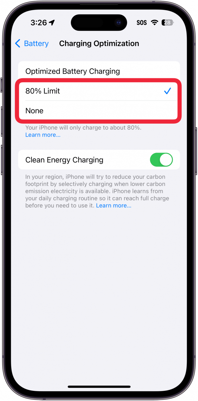 iphone battery Charging Optimization settings with a red box around 80% Limit and None options