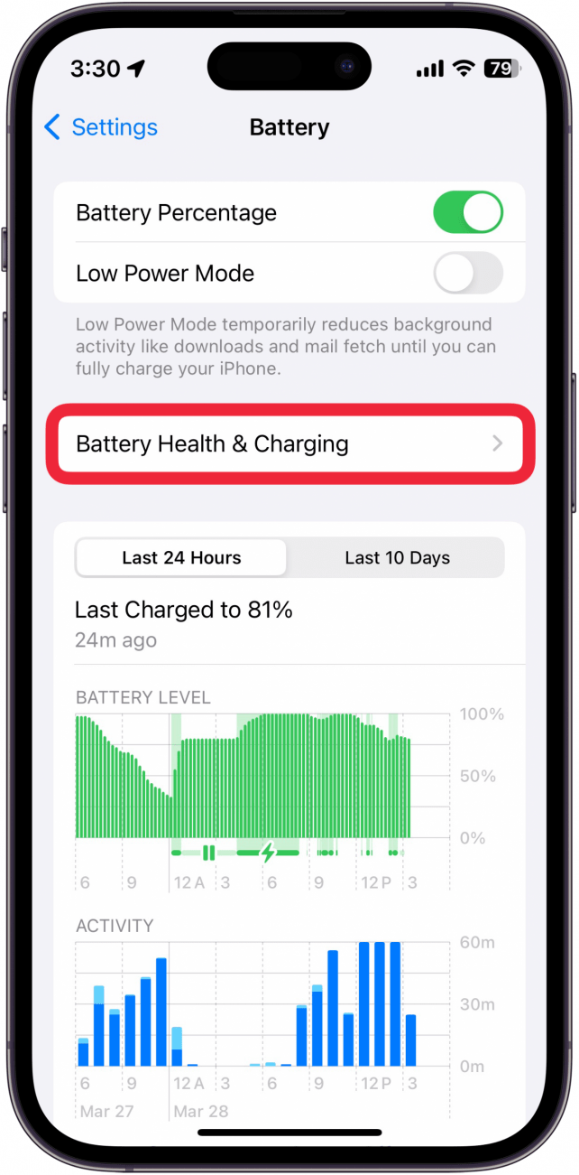 iphone battery settings with a red box around Battery Health & Charging