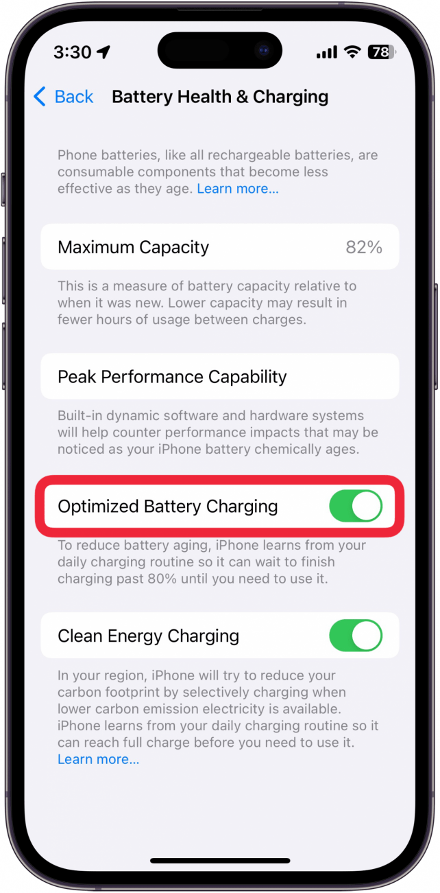 iphone battery health and charging settings with a red box around Optimized Battery Charging toggle