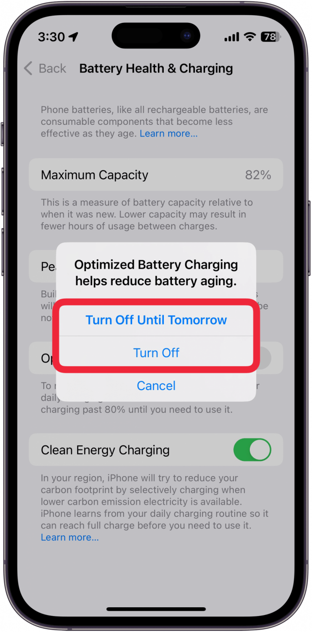 iphone battery health and charging settings displaying a prompt that is asking the user to confirm that they want to disable optimized battery charging with a red box around Turn Off Until Tomorrow or Turn Off