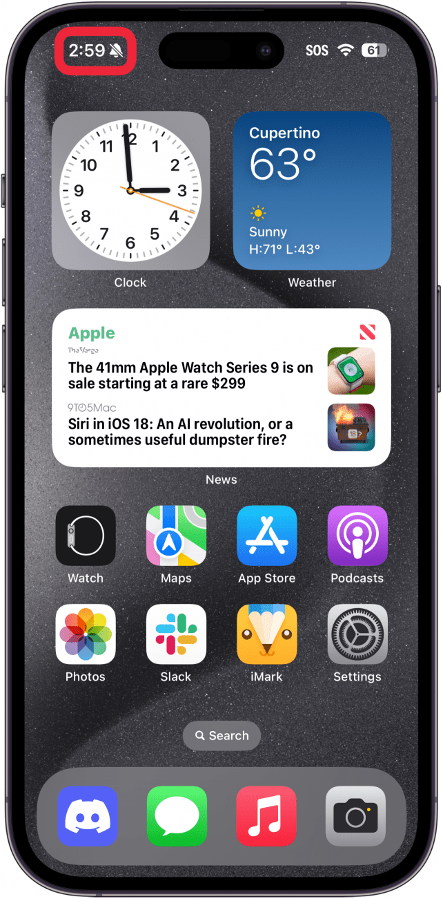 iphone home screen with a red box around time and silent mode icon