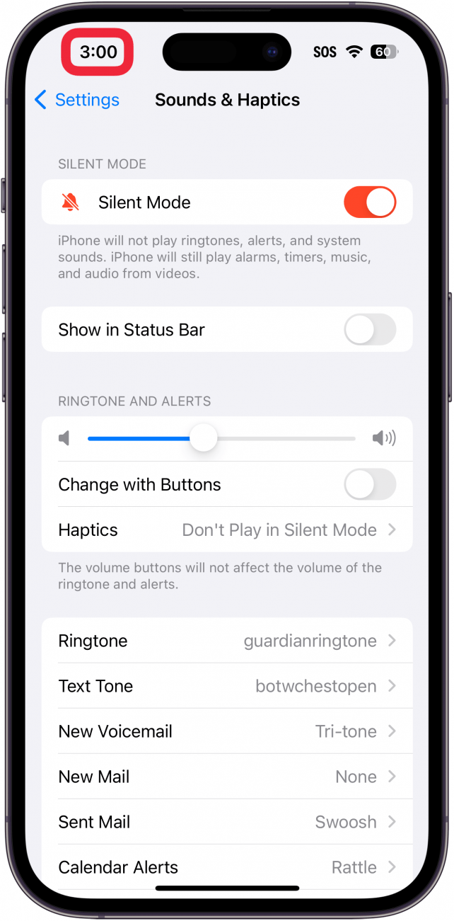 iphone sounds and haptics settings screen with a red box around time with the silent bell icon no longer displaying