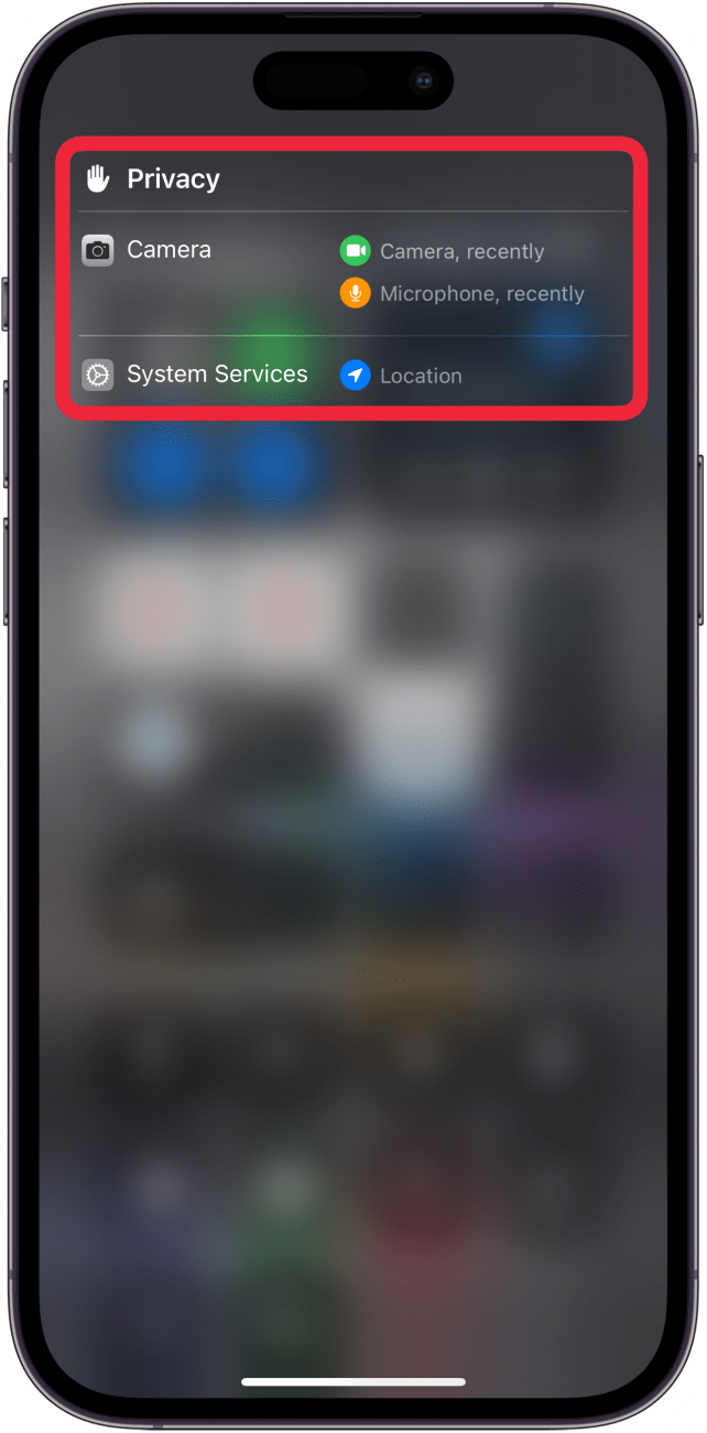 iphone control center displaying privacy window displaying which apps have recently used the camera, microphone, and location