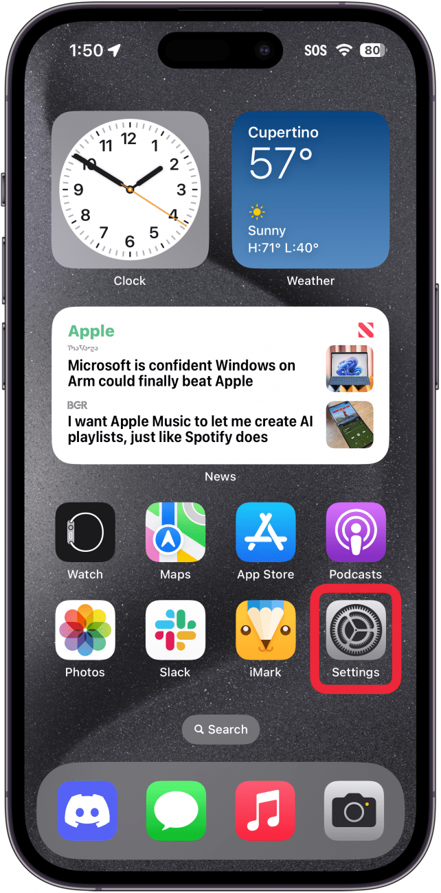 iphone home screen with a red box around the settings app