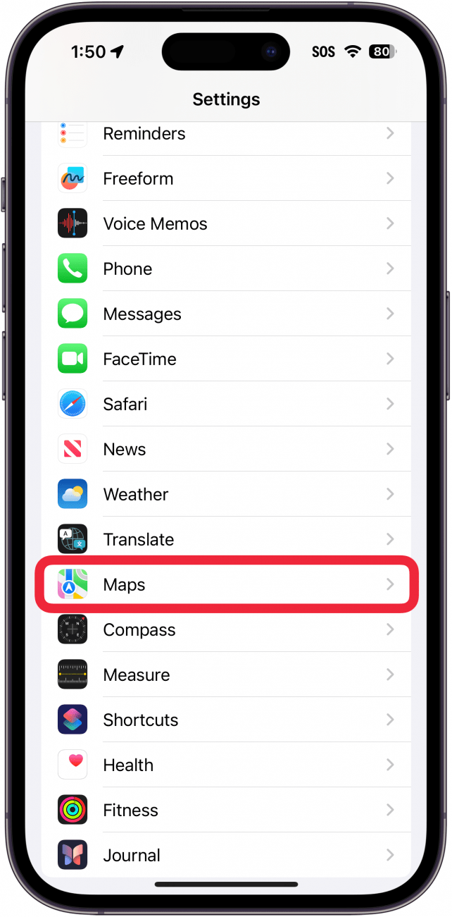 iphone settings app with a red box around maps