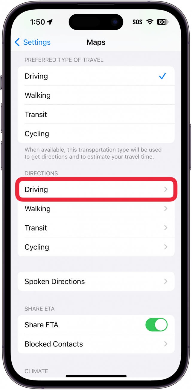 iphone maps settings with a red box around driving option