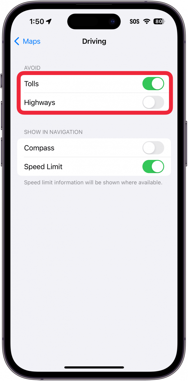 iphone maps settings with a red box around tolls and highways toggle