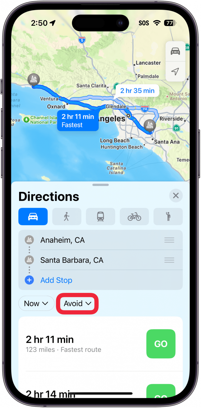 apple maps navigation screen with avoid button circled in red