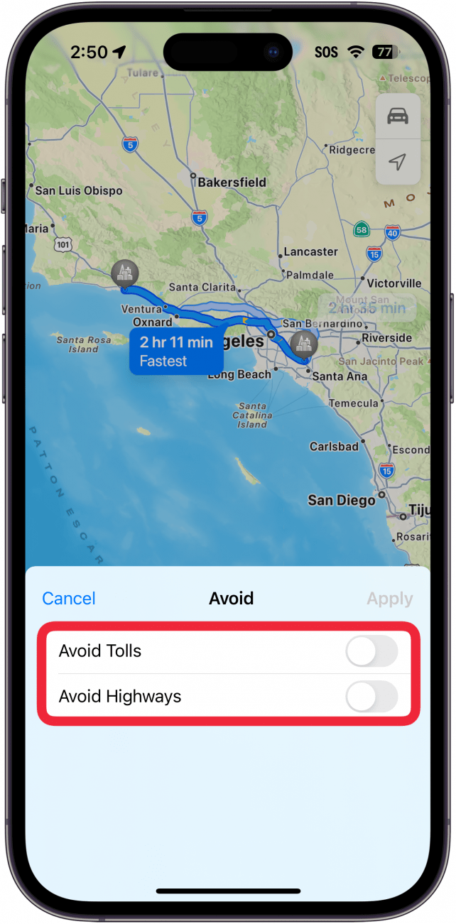 apple maps avoid tolls and highways screen with a red box around both tolls and highways toggles