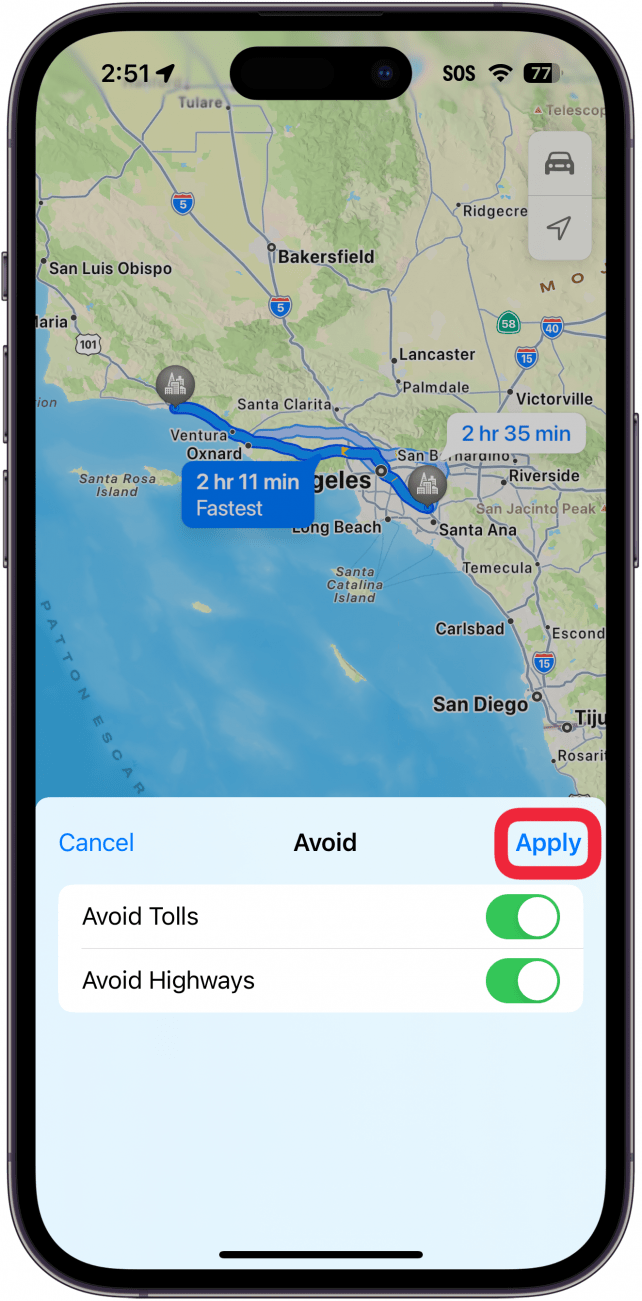 apple maps avoid tolls and highways screen with a red box around apply button