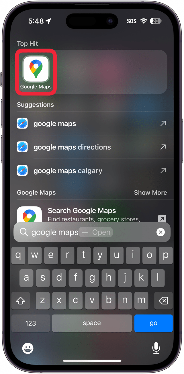 iphone home screen search results displaying google maps app with a red box around it