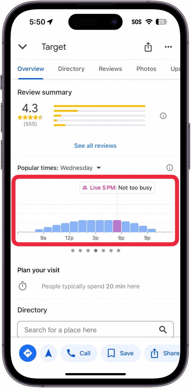 iphone google maps destination result with a red box around a graph displaying popular times