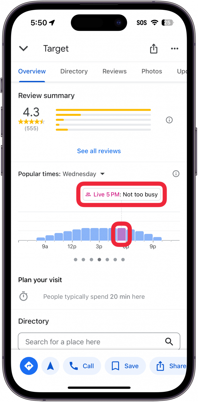 iphone google maps destination result with a red box around pink bar and a description reading, "Live 5 PM: Not too busy."