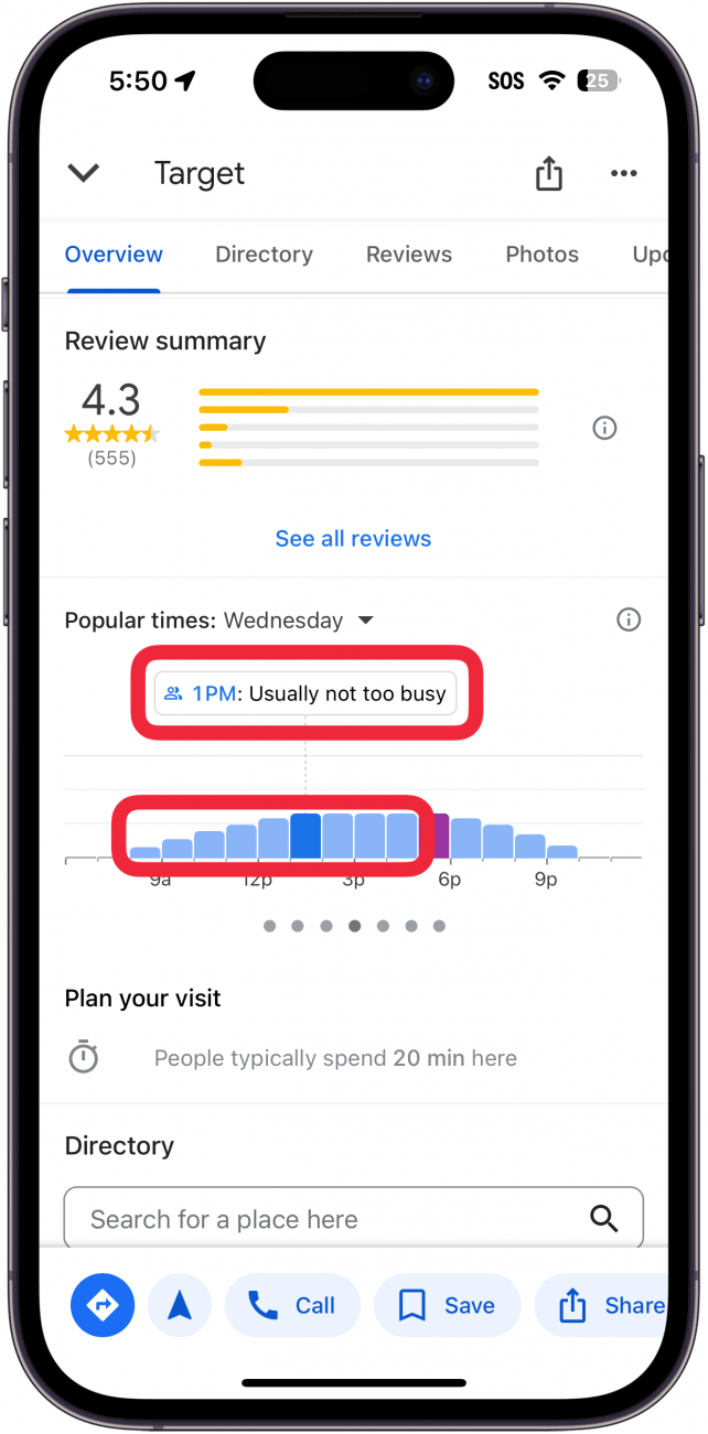 iphone google maps destination result with a red box around blue bars and a description reading, "1 PM: Usually not too busy."