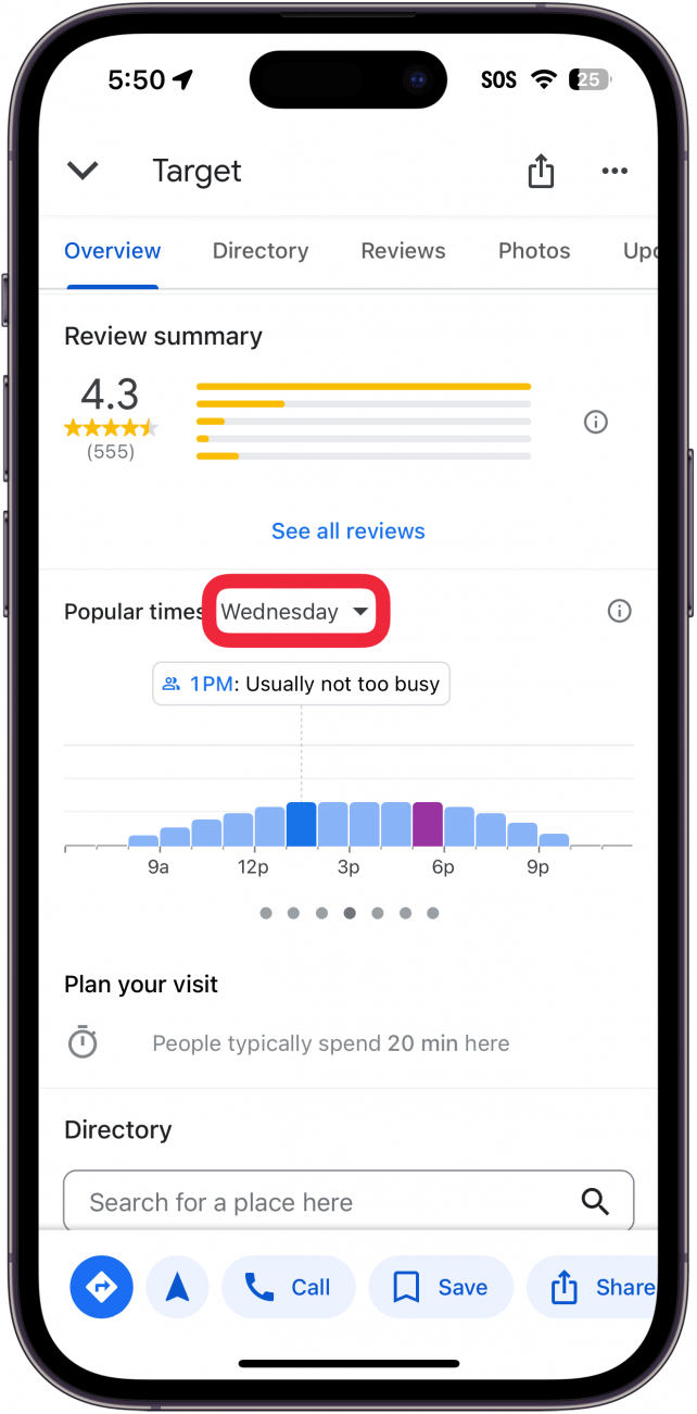 iphone google maps destination result with a red box around the day of the week in the popular times section