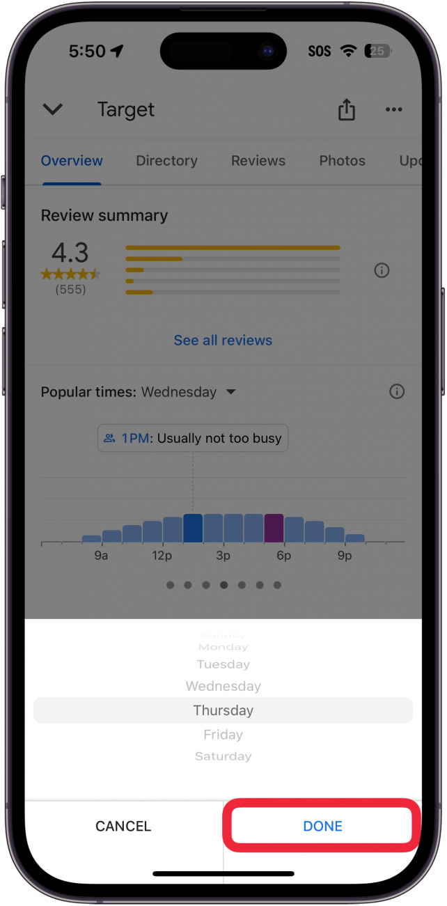 iphone google maps destination result, displaying popular times with a small window open to select the day of the week, and a red box around the done button