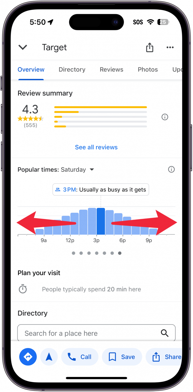 iphone google maps destination result displaying popular times for this location with red arrow pointing left and right on the graph, indicating to swipe left and right