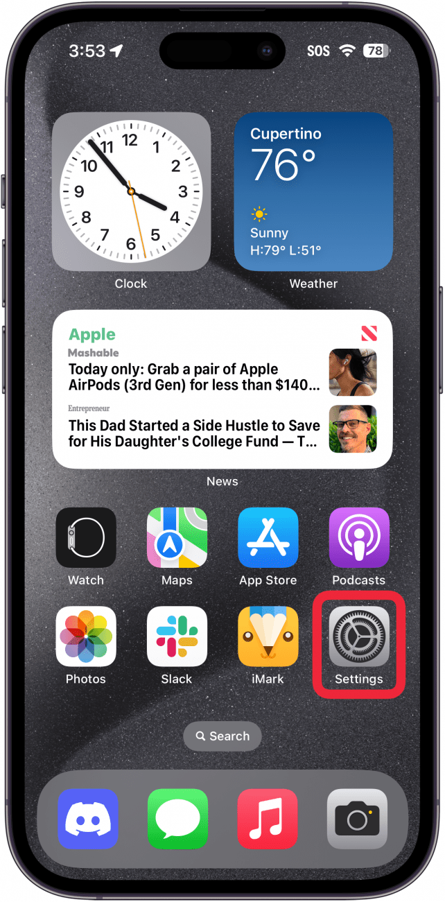 iphone home screen with a red box around settings app