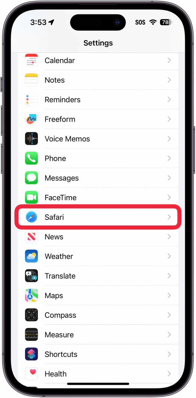 iphone settings menu with a red box around safari