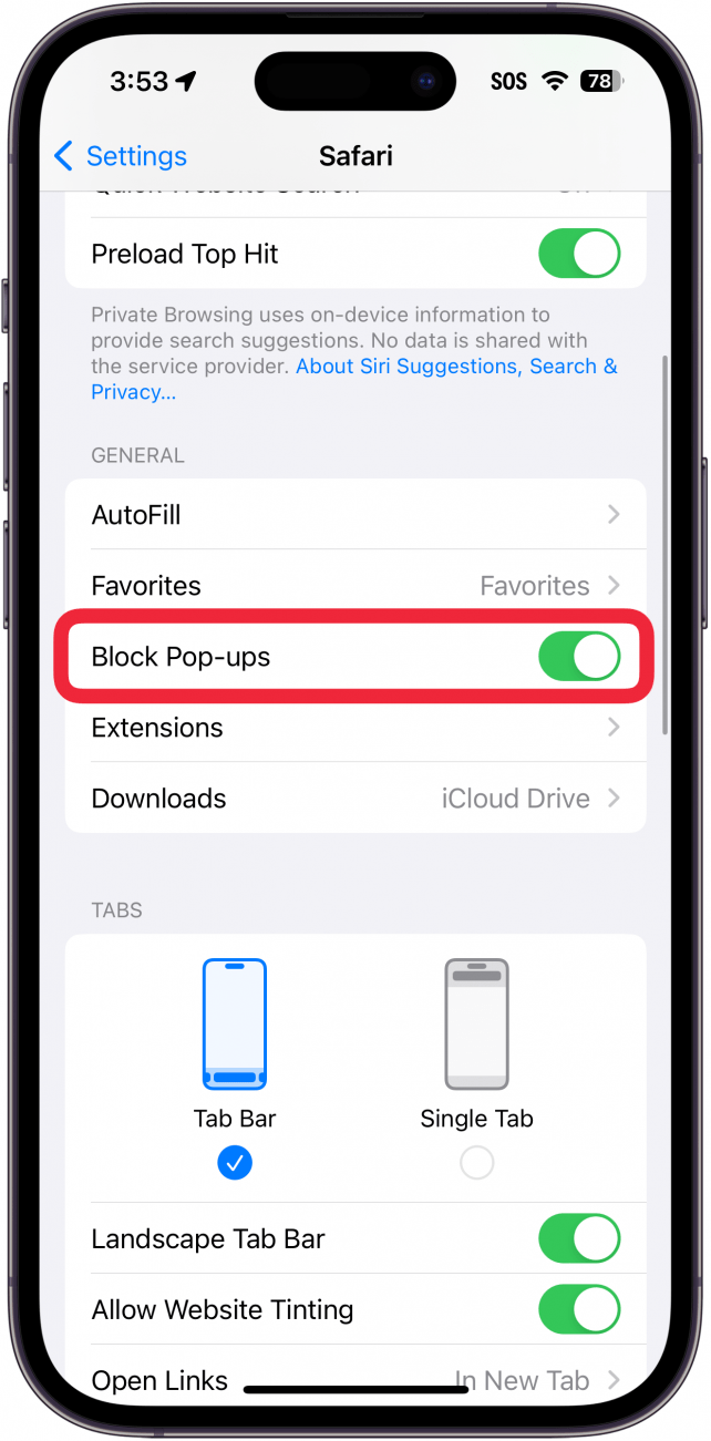 iphone safari settings with a red box around block pop ups toggle